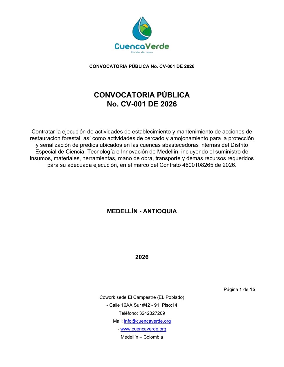 Portada Convocatoria Pública CV-001 de 2026